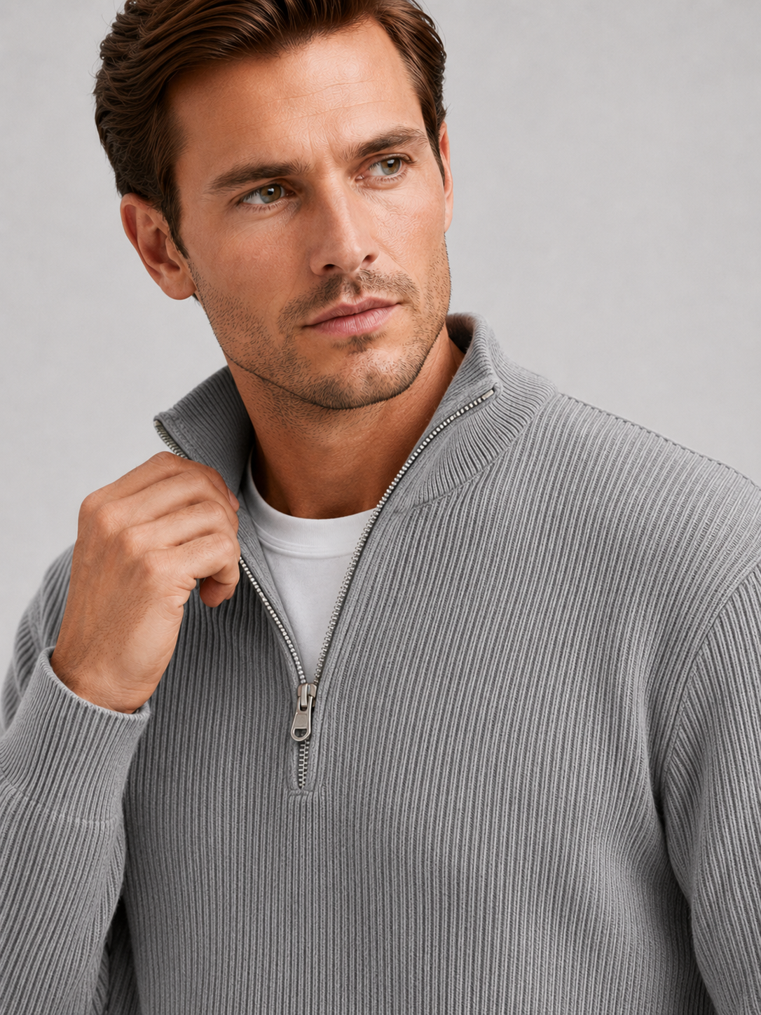Men's ribbed stand collar quarter-zip sweater – Gray detail view – Edward & Lawsen