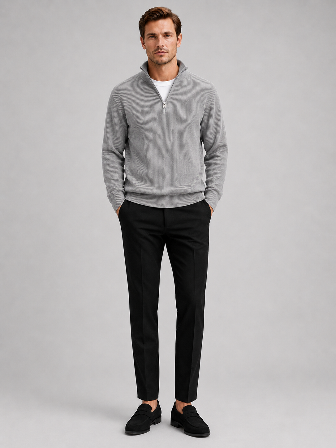 Men's ribbed stand collar quarter-zip sweater – Gray full view – Edward & Lawsen