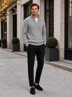 Men's ribbed stand collar quarter-zip sweater – Gray lifestyle view – Edward & Lawsen