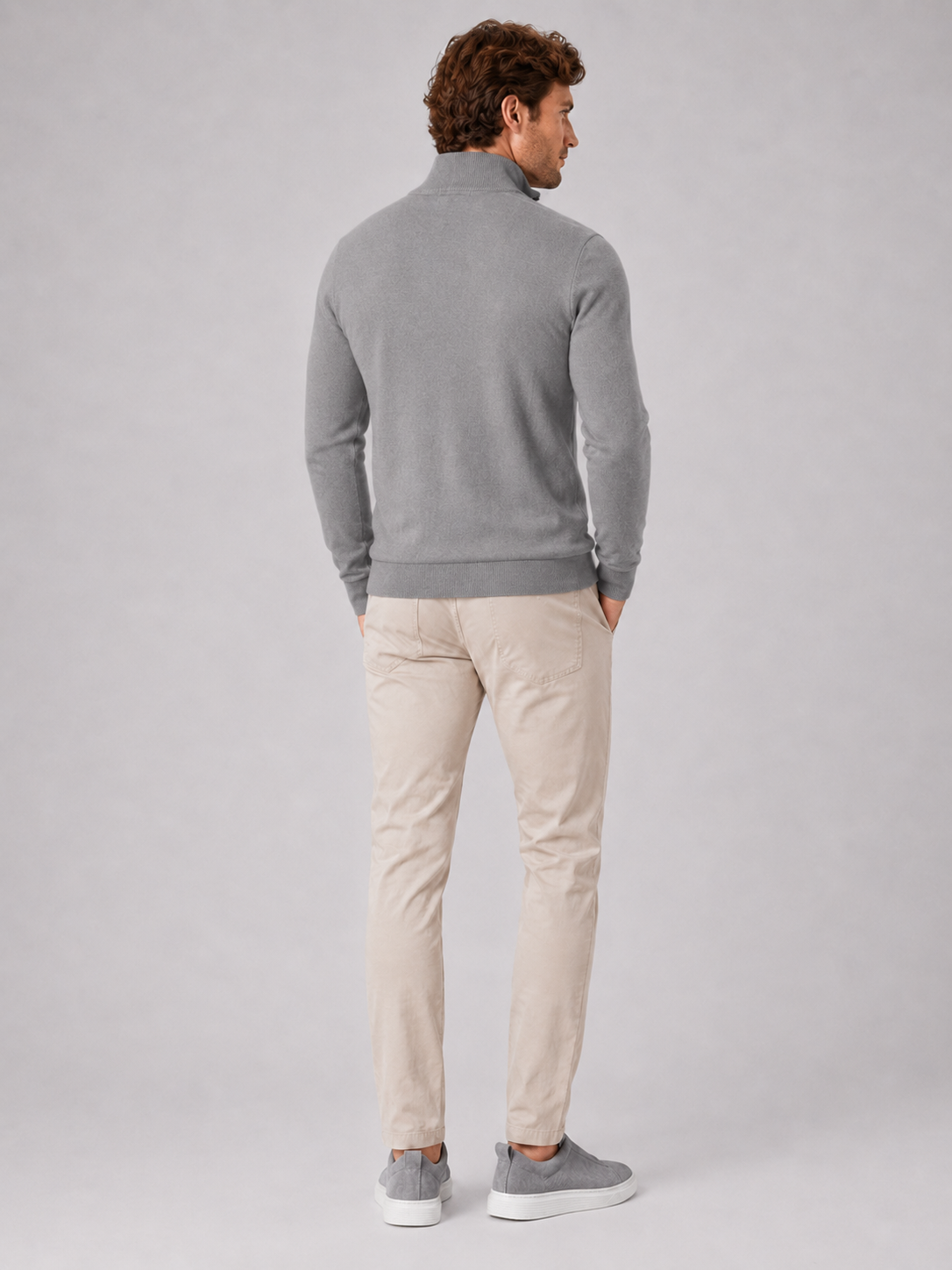 Men's quarter-zip mock neck sweater – Gray back view – Edward & Lawsen