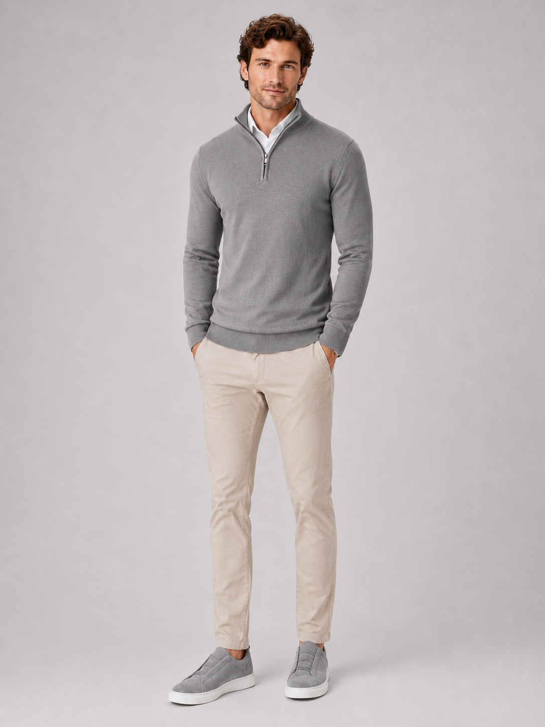 Men's quarter-zip mock neck sweater – Gray full view – Edward & Lawsen