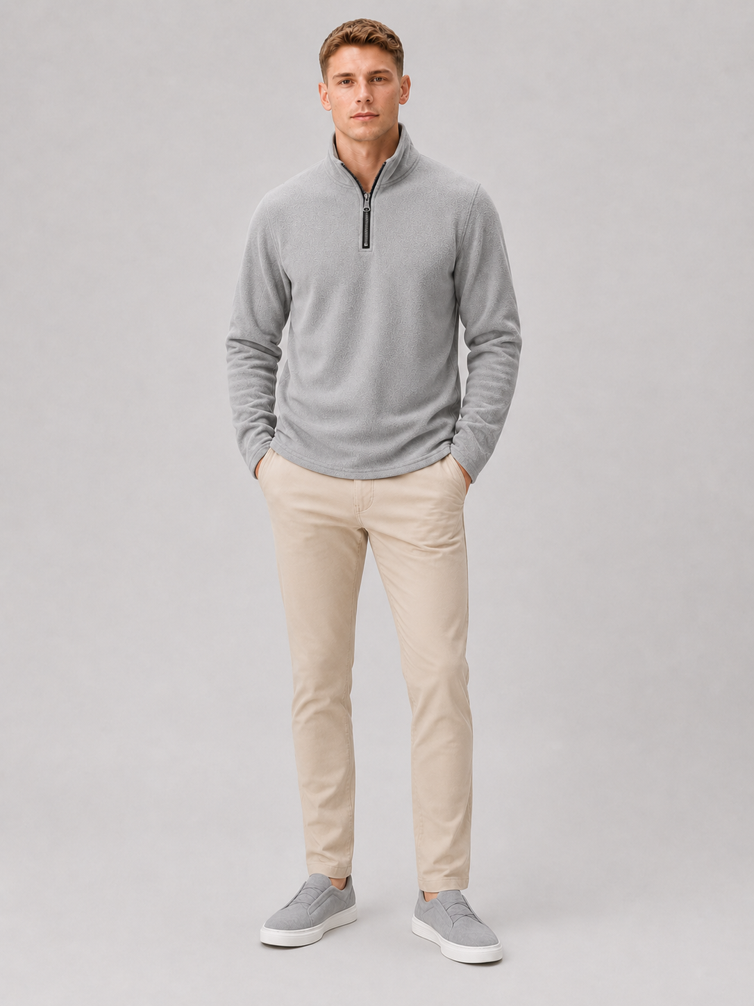 Men's fleece quarter-zip sweater – Gray full view – Edward & Lawsen