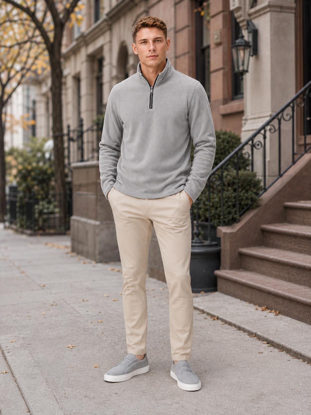 Men's fleece quarter-zip sweater – Gray lifestyle view – Edward & Lawsen