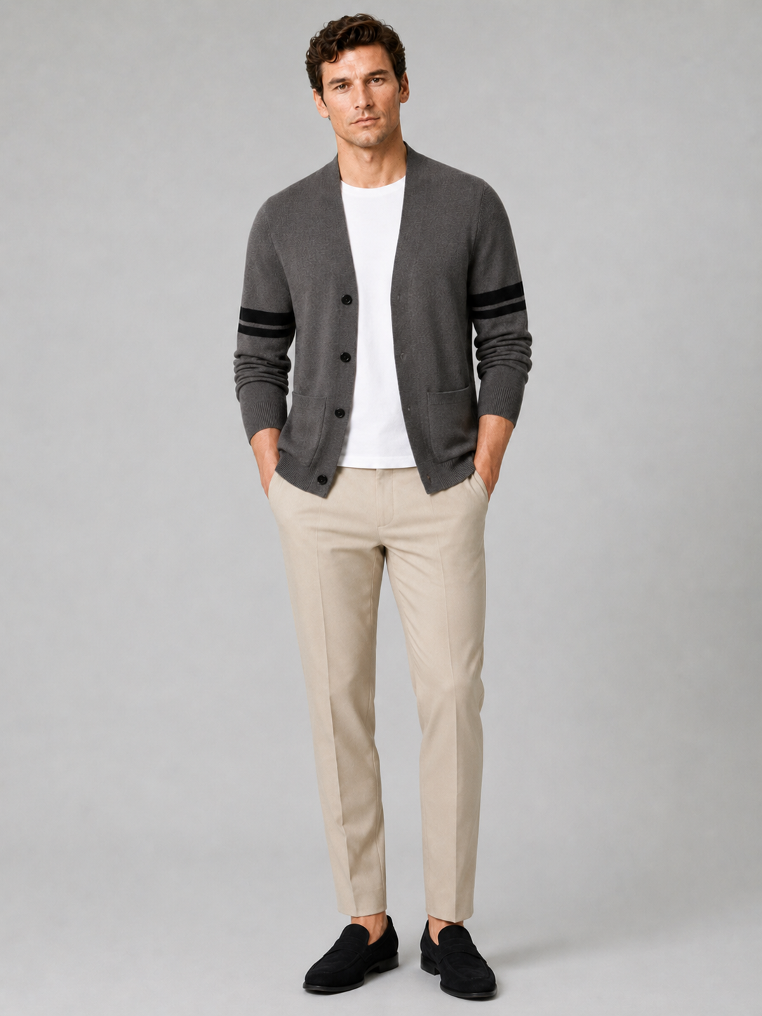 Men's striped color block cardigan – Gray full view – Edward & Lawsen