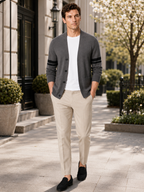 Men's striped color block cardigan – Gray lifestyle view – Edward & Lawsen