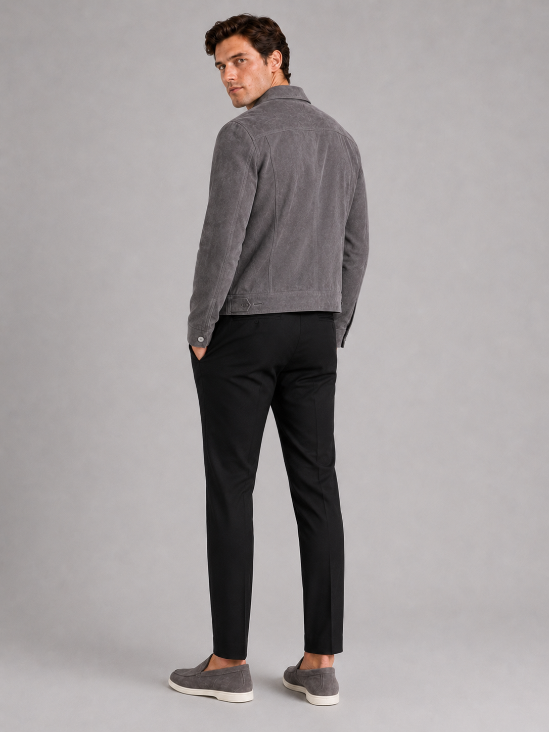 Men's suede fall jacket – Gray back view – Edward & Lawsen