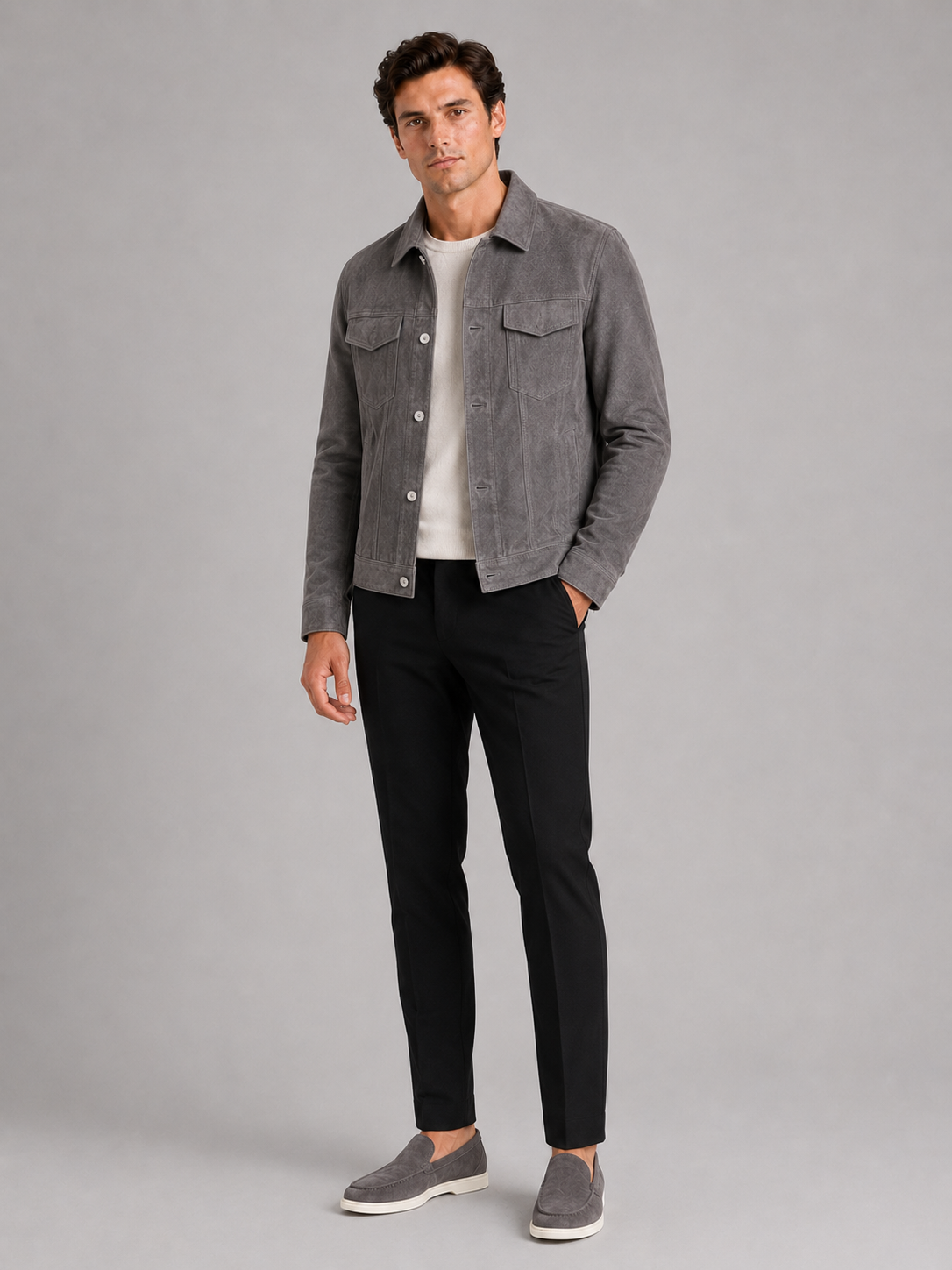 Men's suede fall jacket – Gray full view – Edward & Lawsen