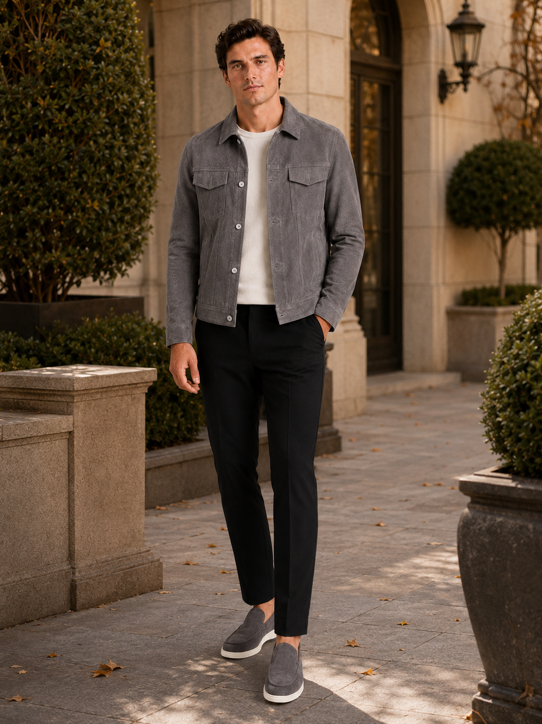 Men's suede fall jacket – Gray lifestyle view – Edward & Lawsen