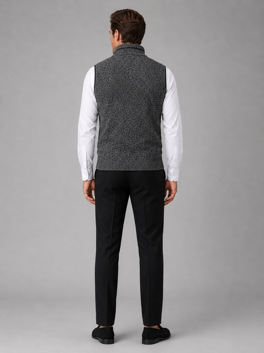 Men's full zip stand collar vest – Gray back view – Edward & Lawsen