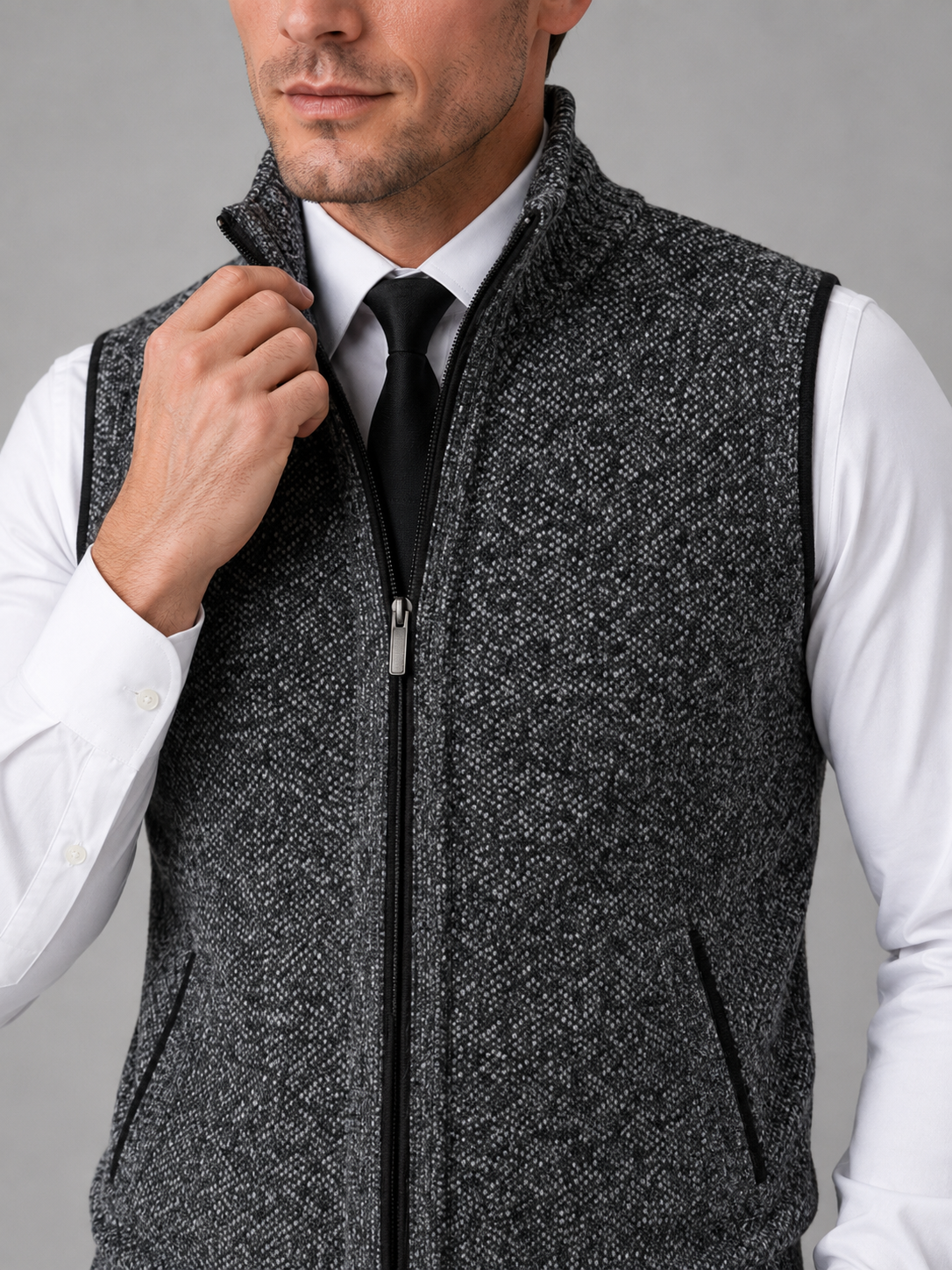 Men's full zip stand collar vest – Gray detail view – Edward & Lawsen