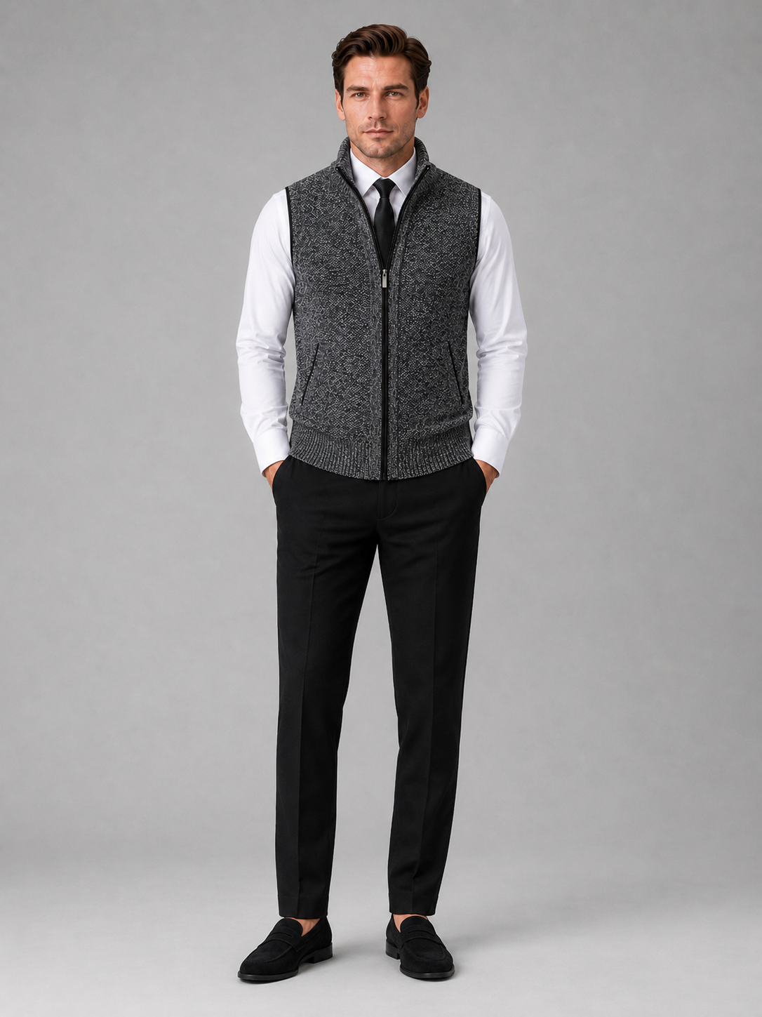 Men's full zip stand collar vest – Gray full view – Edward & Lawsen
