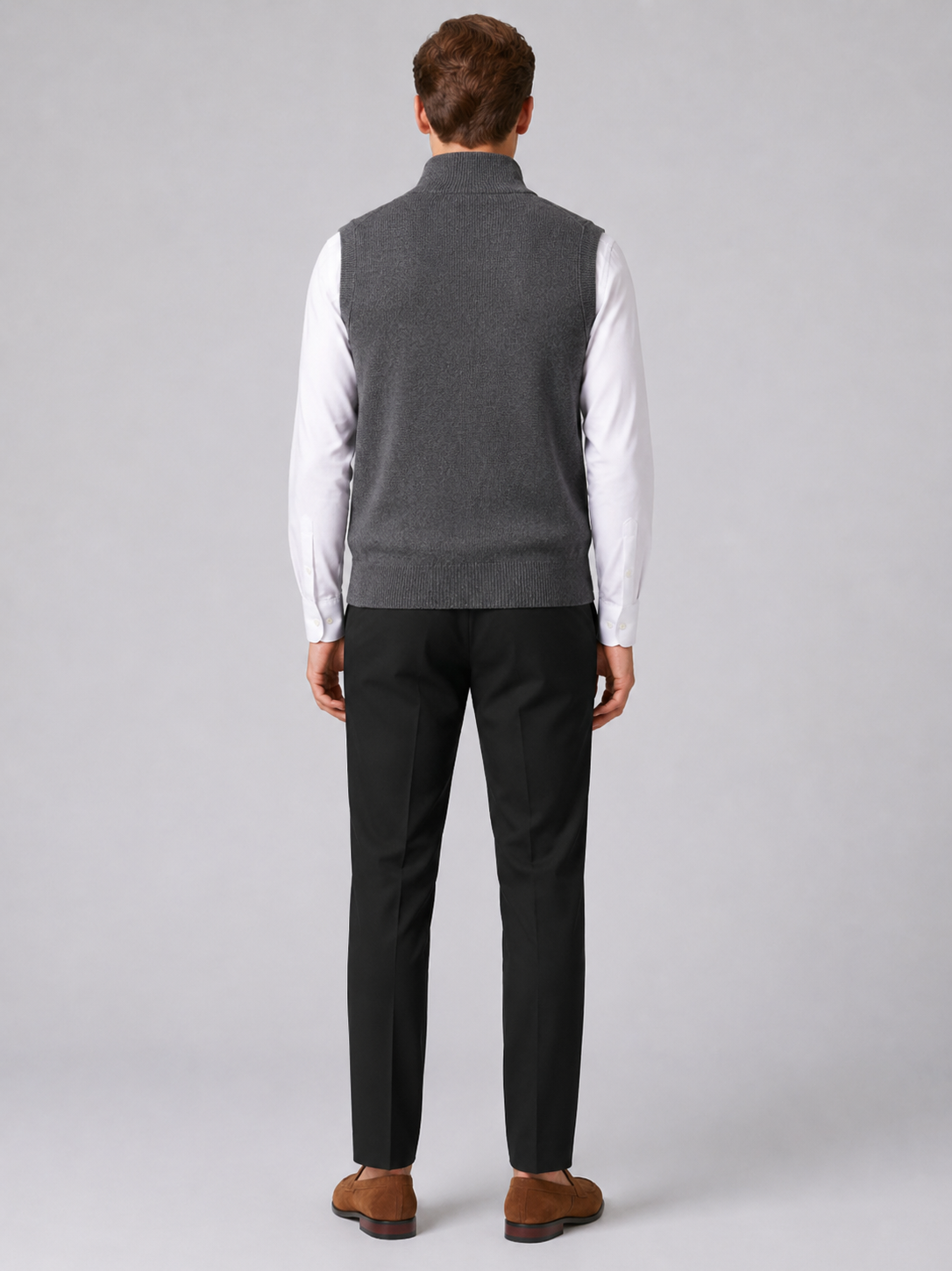 Men's full zip mock neck vest – Gray back view – Edward & Lawsen