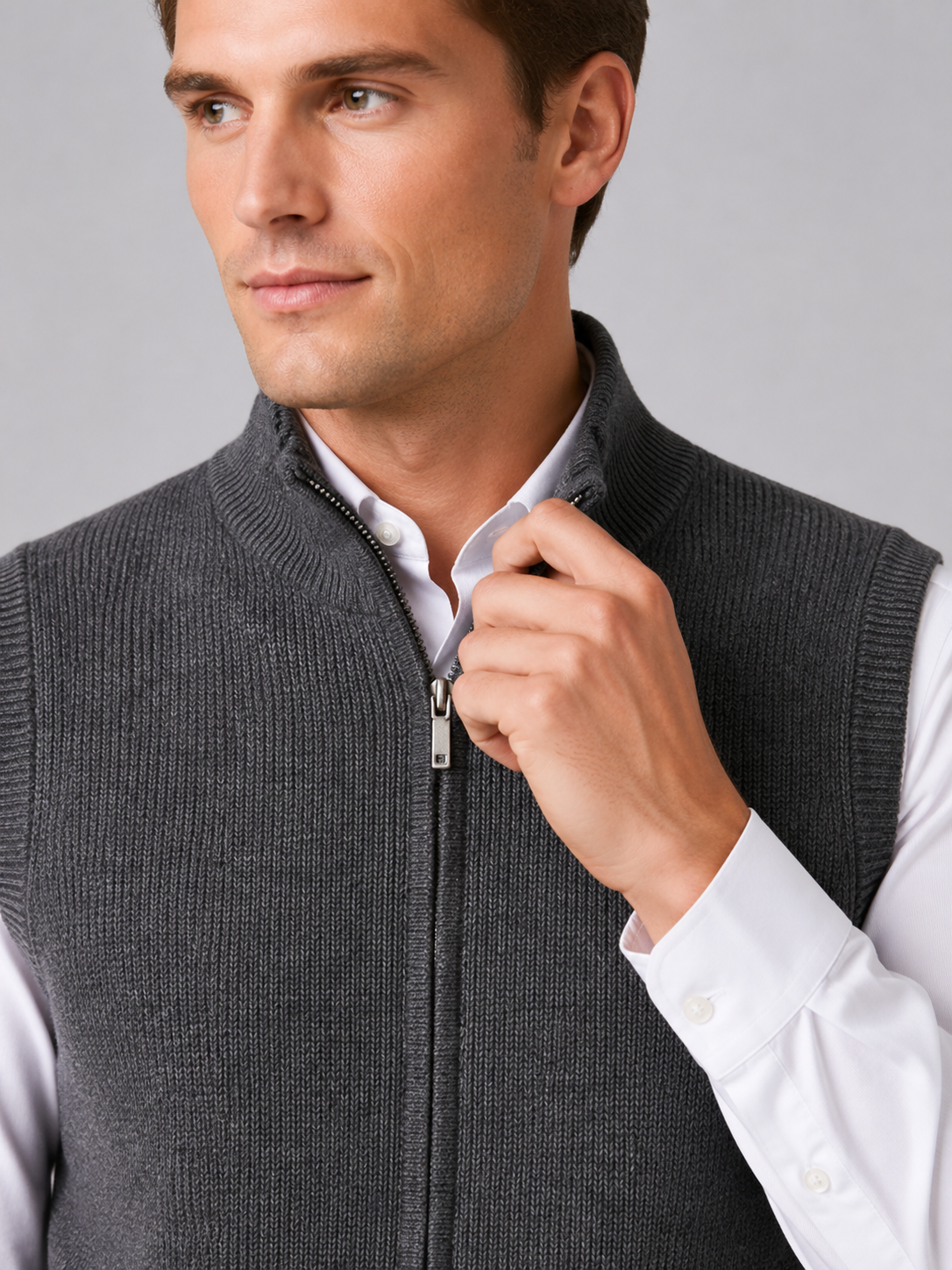 Men's full zip mock neck vest – Gray detail view – Edward & Lawsen