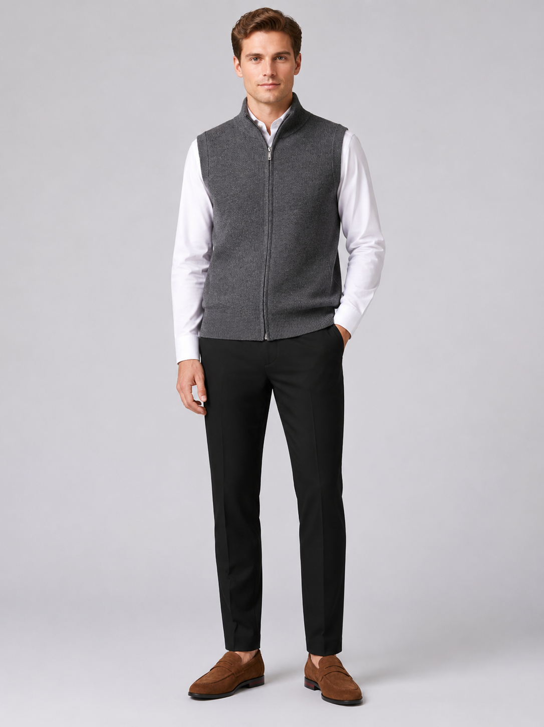 Men's full zip mock neck vest – Gray full view – Edward & Lawsen