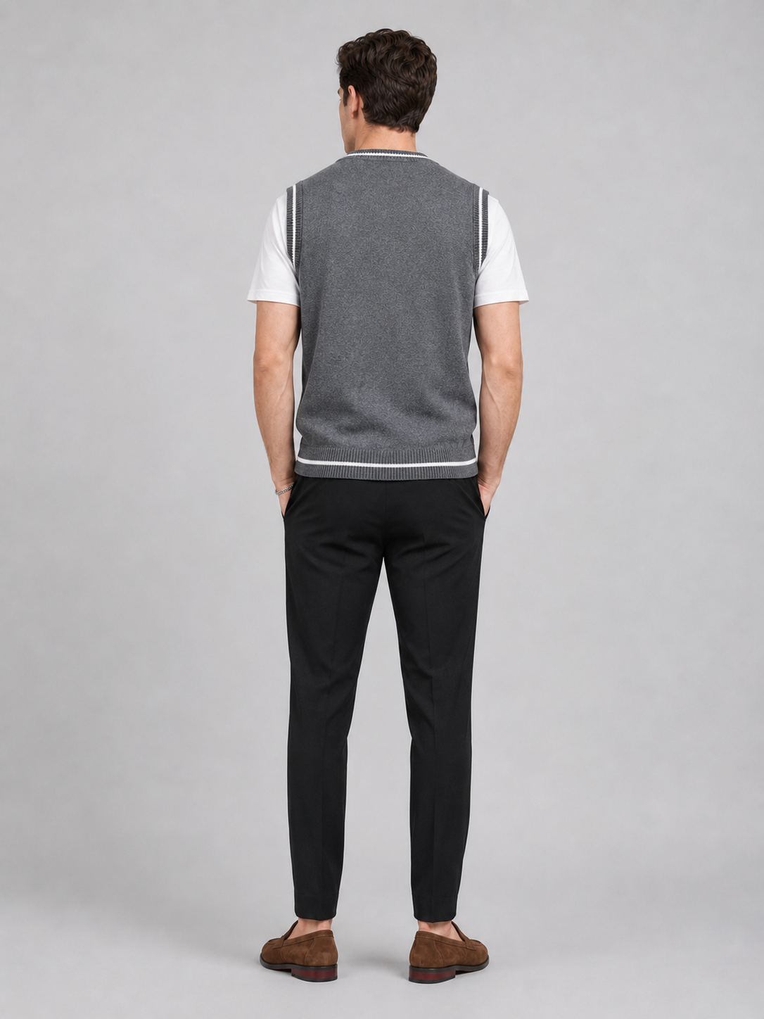 Men's patchwork sweater vest – Gray back view – Edward & Lawsen