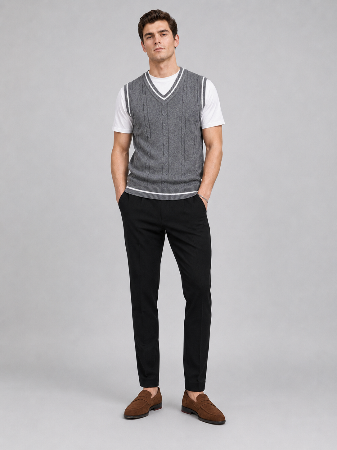 Men's patchwork sweater vest – Gray full view – Edward & Lawsen