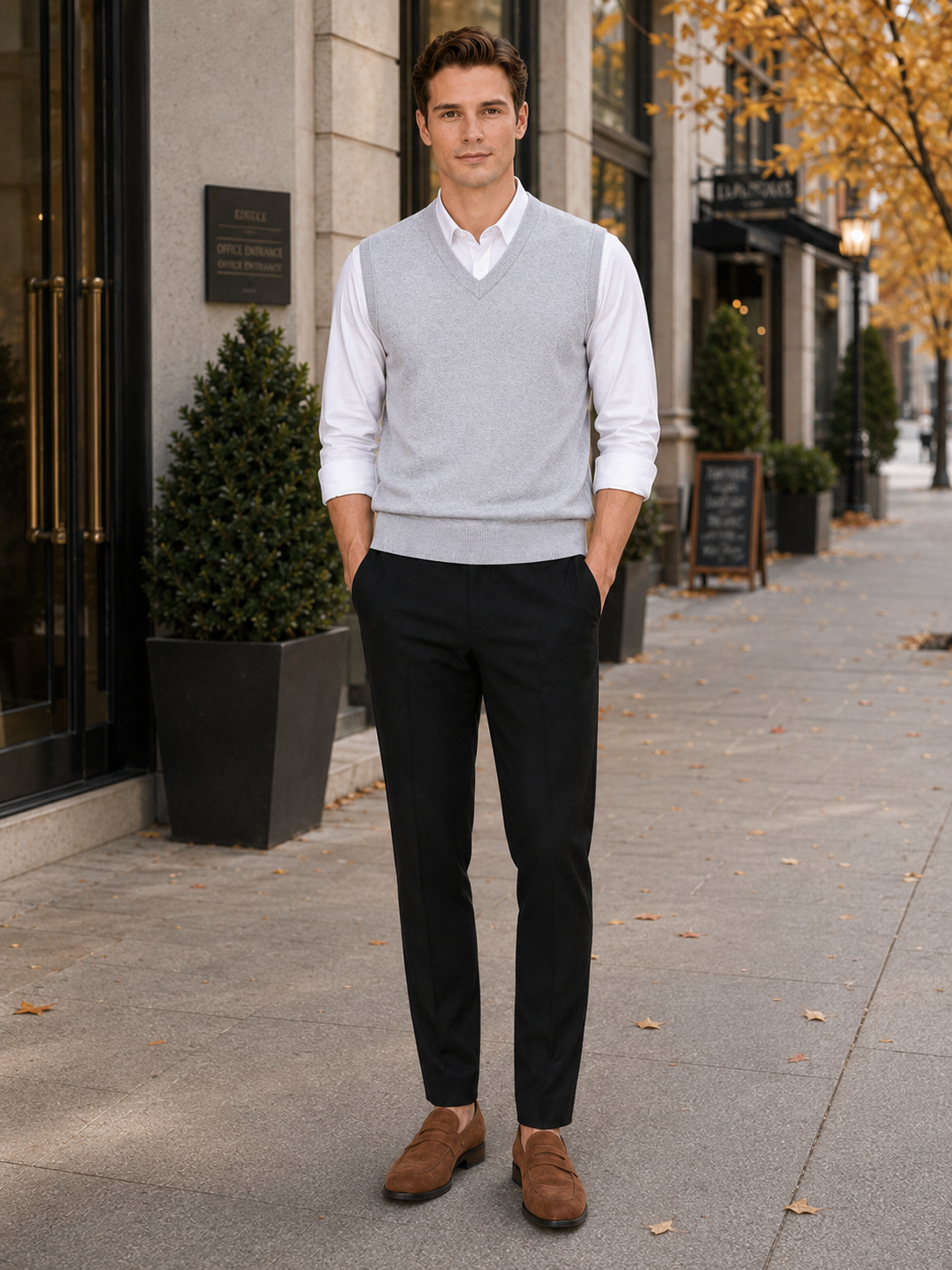 Men's solid color sweater vest – Gray lifestyle view – Edward & Lawsen