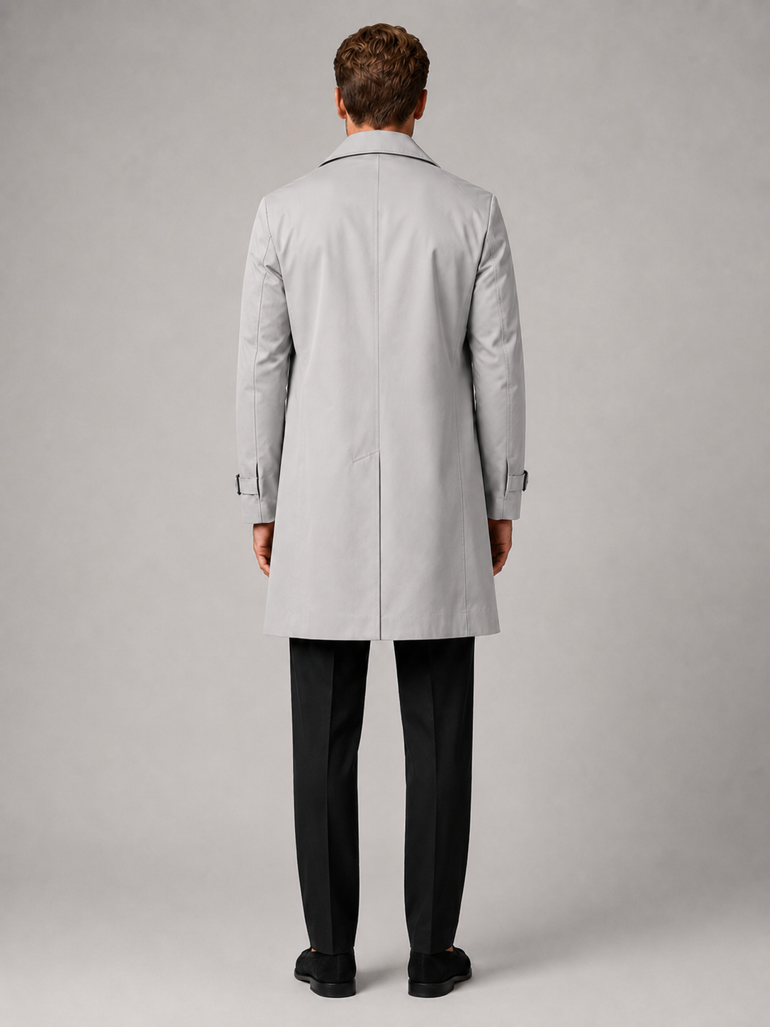 Men's windproof knee-length trench coat – Gray back view – Edward & Lawsen