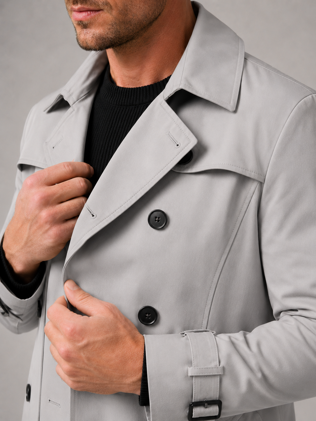 Men's windproof knee-length trench coat – Gray detail view – Edward & Lawsen