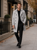 Men's windproof knee-length trench coat – Gray lifestyle view – Edward & Lawsen