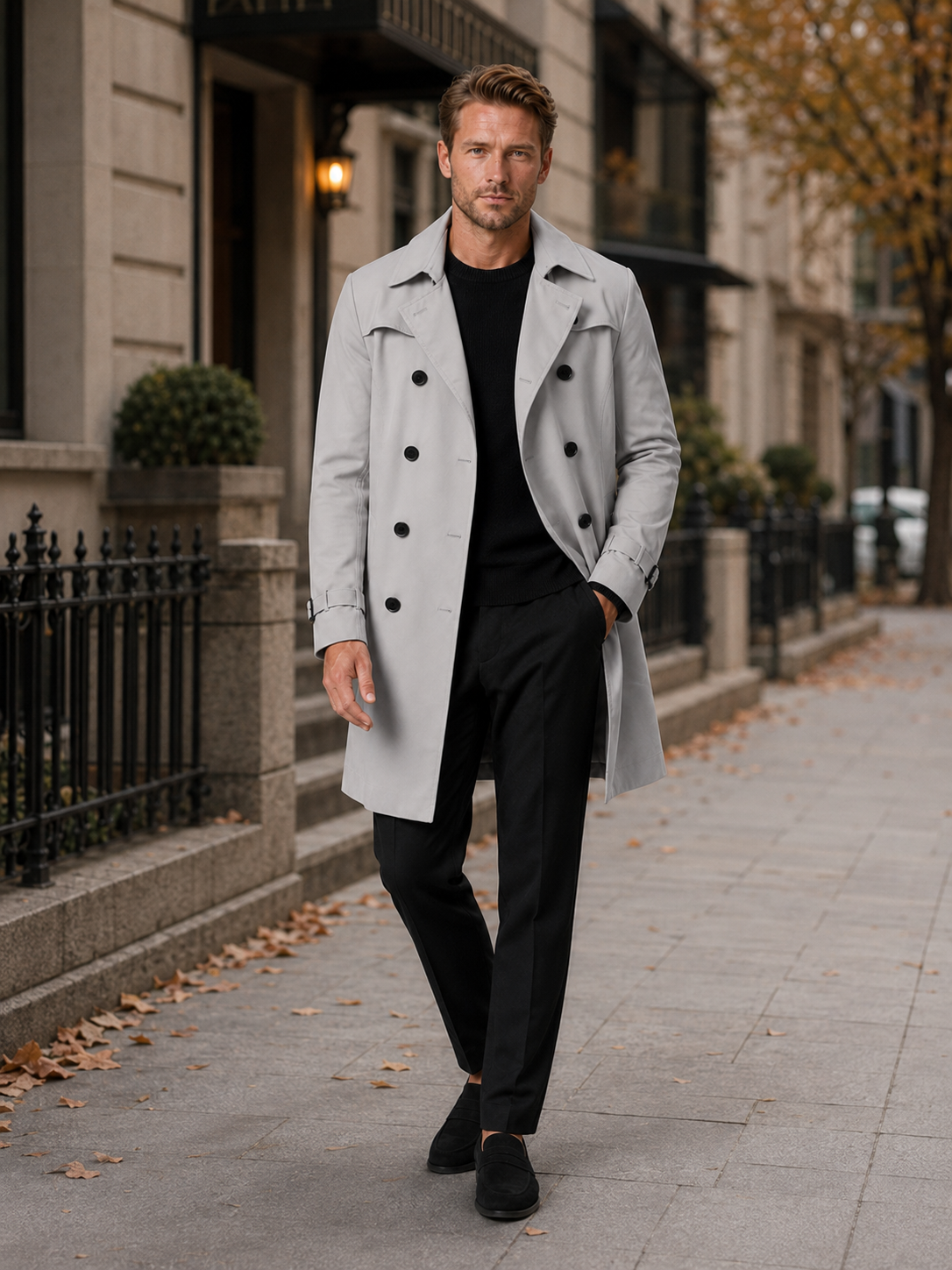 Men's windproof knee-length trench coat – Gray lifestyle view – Edward & Lawsen