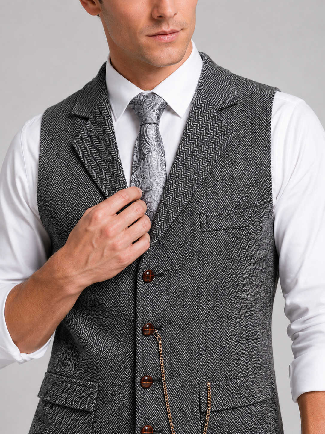 Men's herringbone suit vest – Gray detail view – Edward & Lawsen