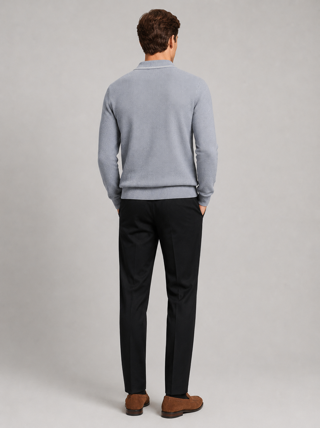 Men's wool Johnny collar polo sweater – Gray back view – Edward & Lawsen