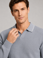 Men's wool Johnny collar polo sweater – Gray detail view – Edward & Lawsen