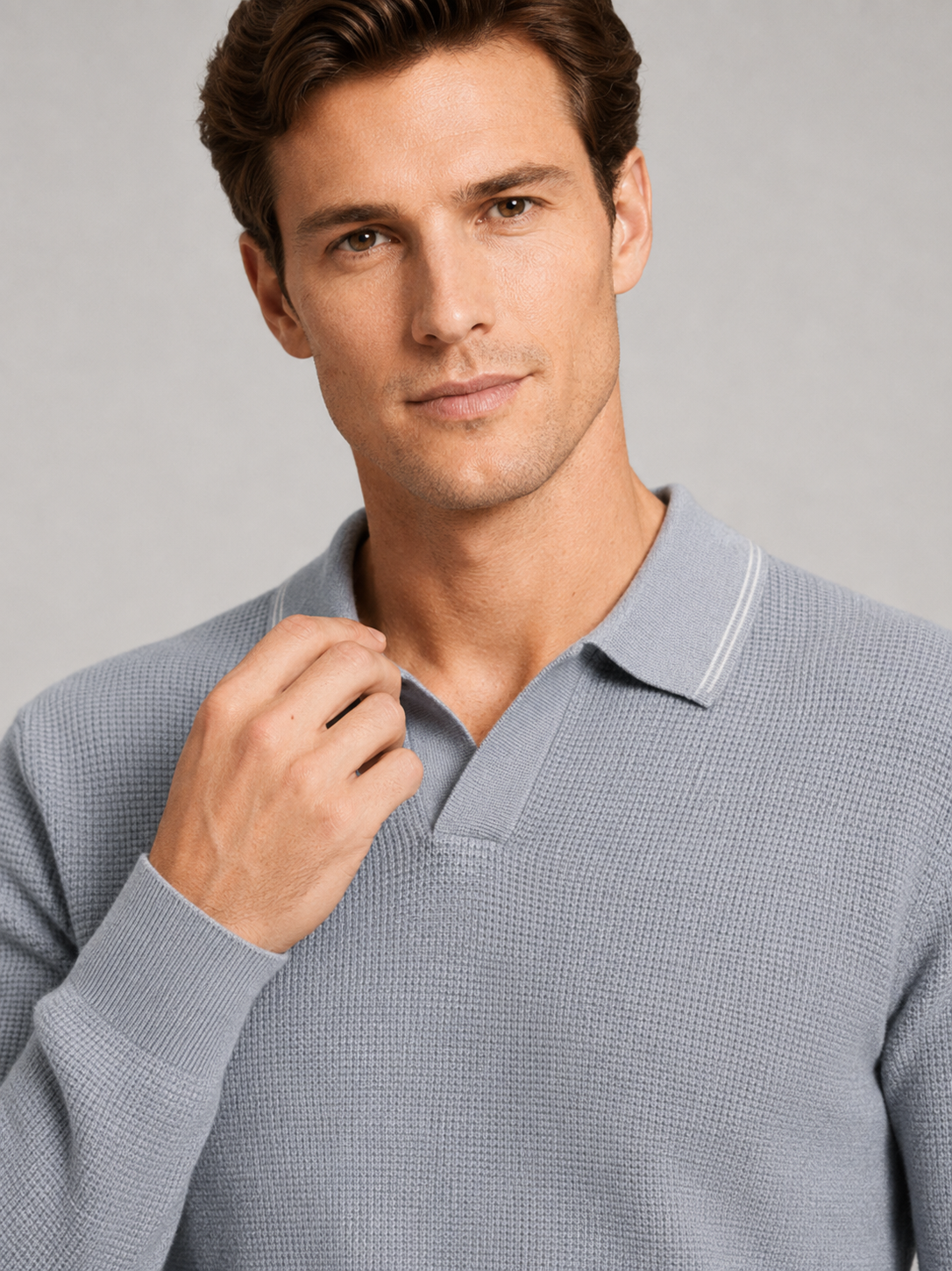 Men's wool Johnny collar polo sweater – Gray detail view – Edward & Lawsen