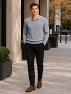 Men's wool Johnny collar polo sweater – Gray lifestyle view – Edward & Lawsen