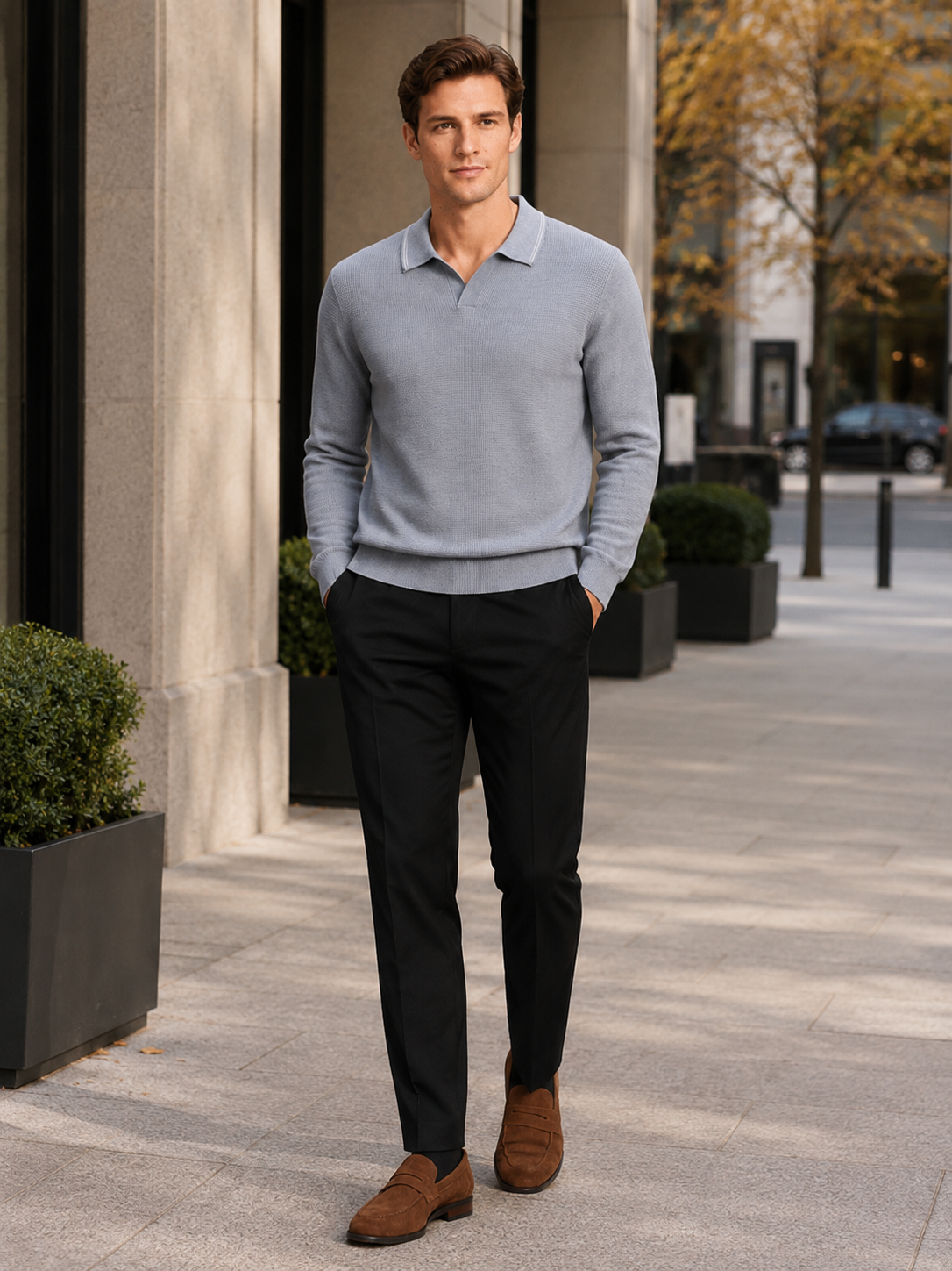 Men's wool Johnny collar polo sweater – Gray lifestyle view – Edward & Lawsen