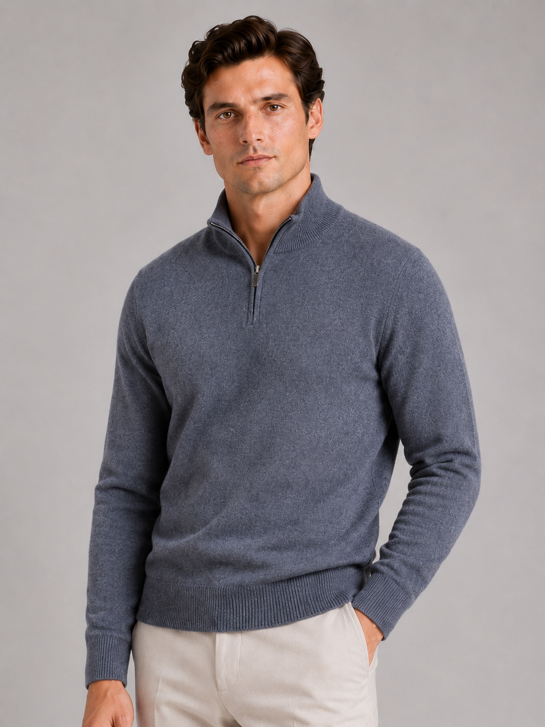 Men's wool half-zip mock neck sweater – Gray front view – Edward & Lawsen