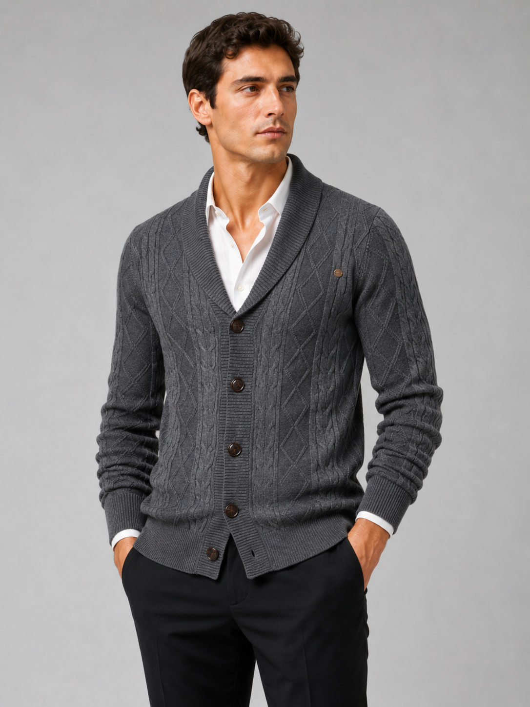 Men's argyle cable knit cardigan – Gray front view