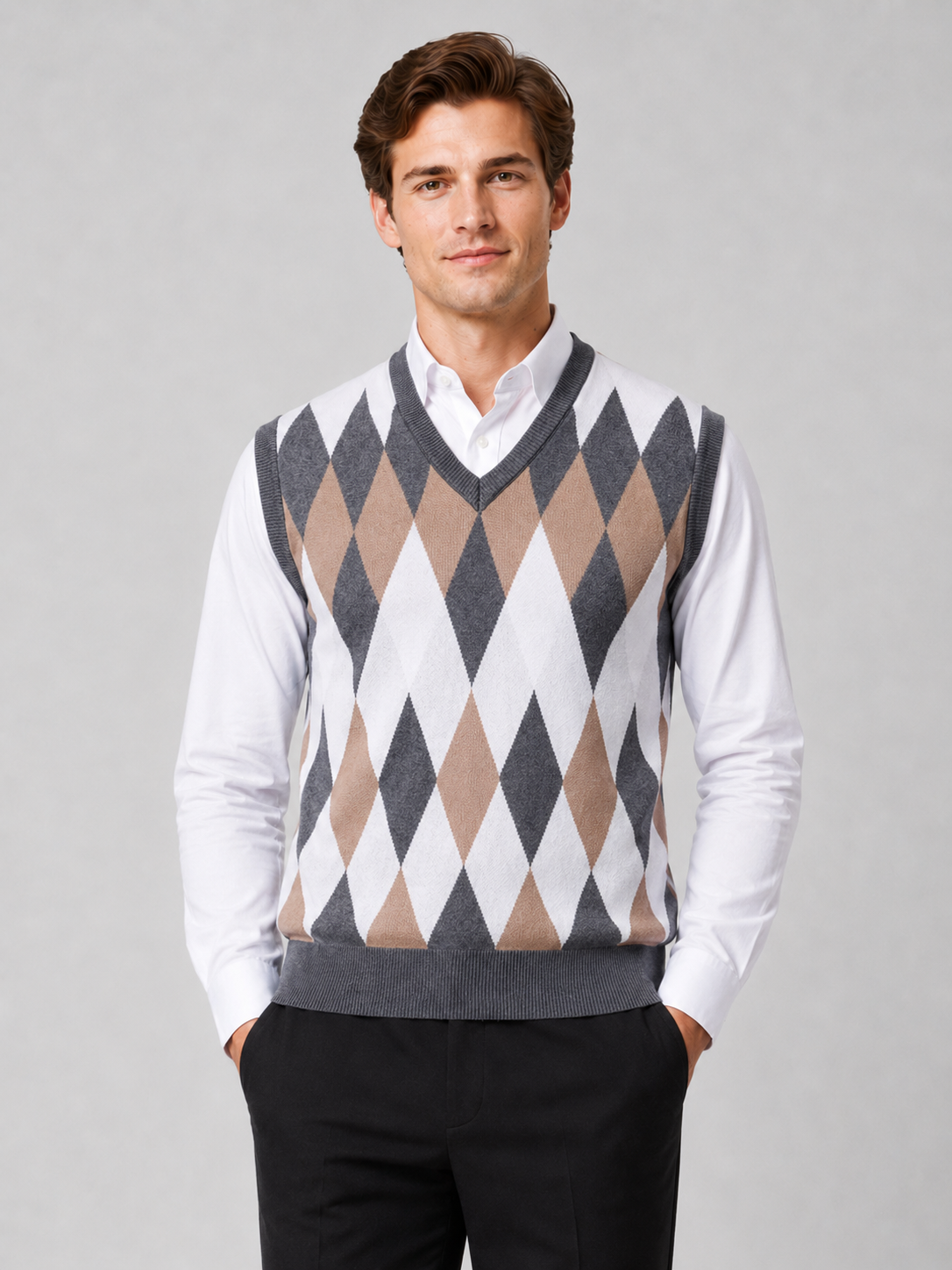 Men's argyle sweater vest – Gray front view
