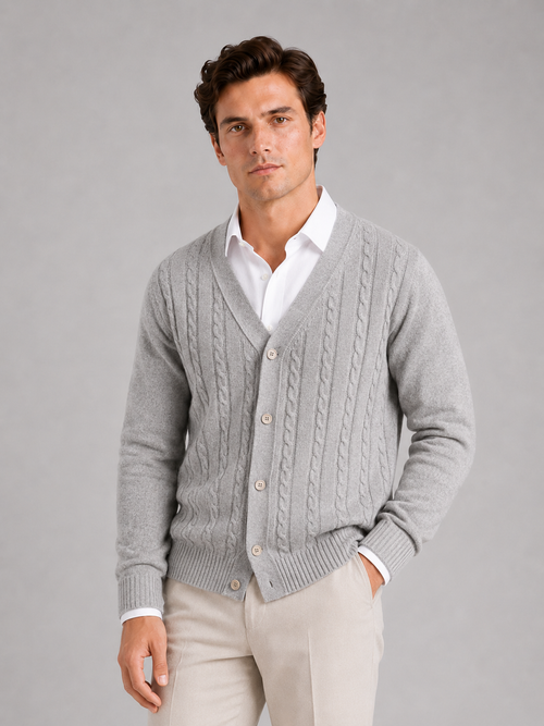 Men's cable knit V-neck cardigan – Gray front view – Edward & Lawsen