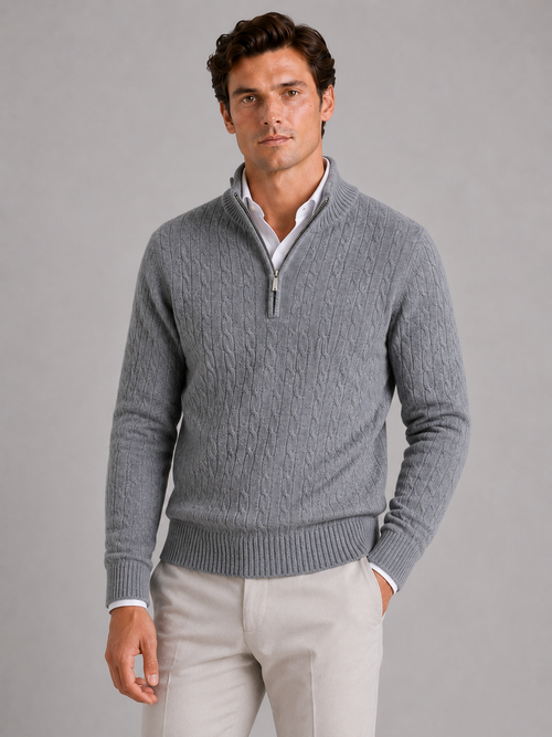 Men's cashmere quarter-zip mock neck sweater – Gray front view – Edward & Lawsen