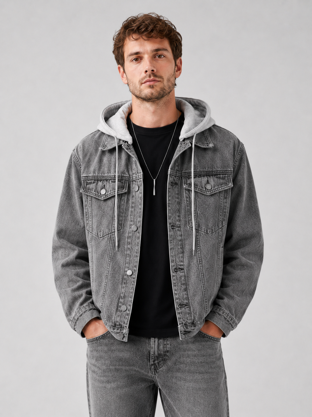 Men's hooded denim jacket – Gray front view – Edward & Lawsen