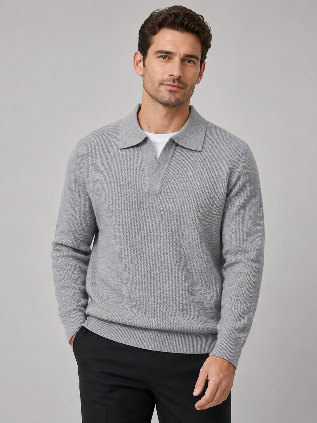 Men's Johnny collar sweater – Gray front view – Edward & Lawsen