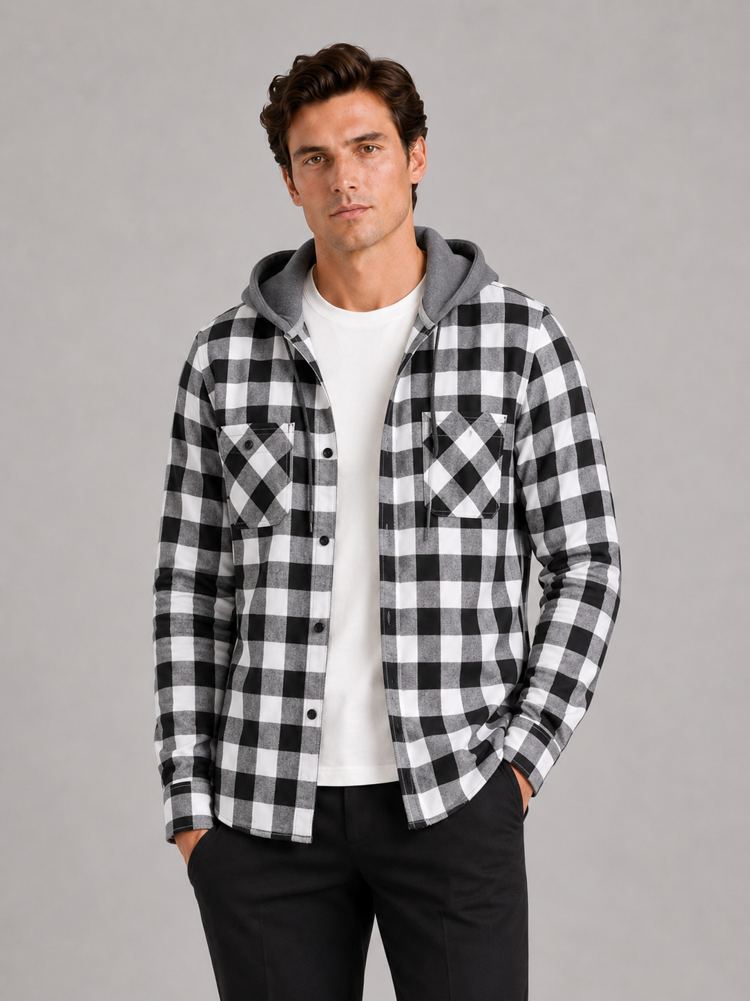 Men's plaid flannel jacket – Gray front view – Edward & Lawsen