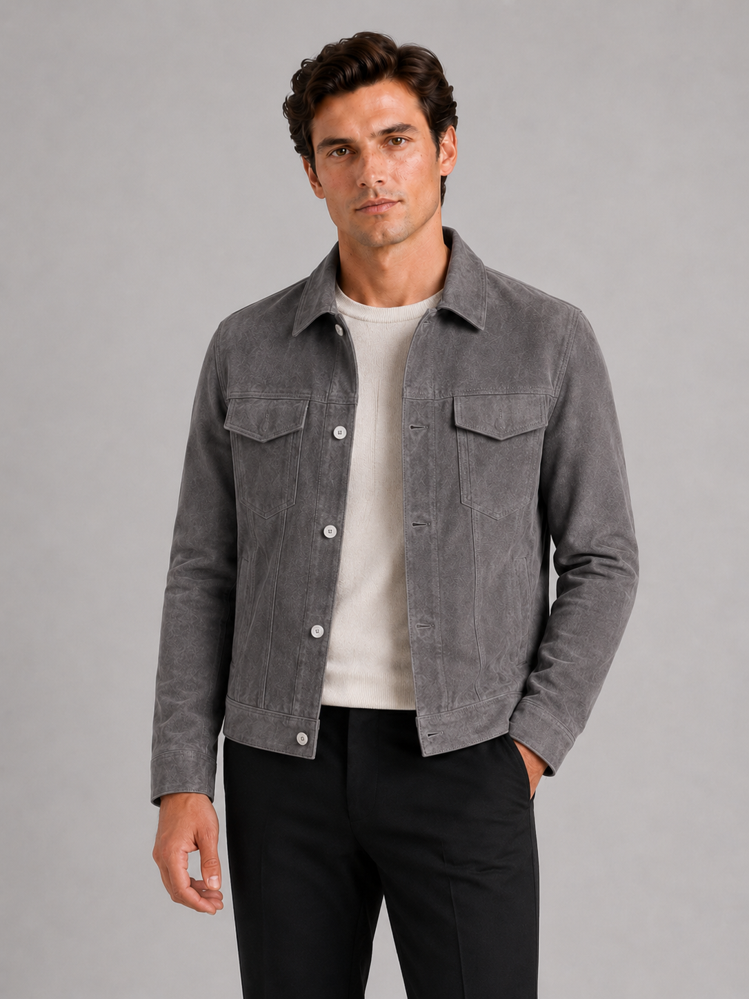 Men's suede fall jacket – Gray front view – Edward & Lawsen