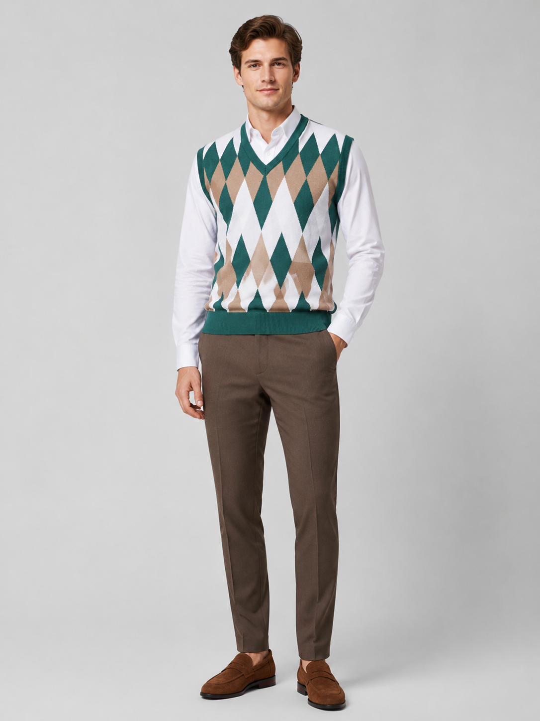 Men's argyle sweater vest – Green full view – Edward & Lawsen