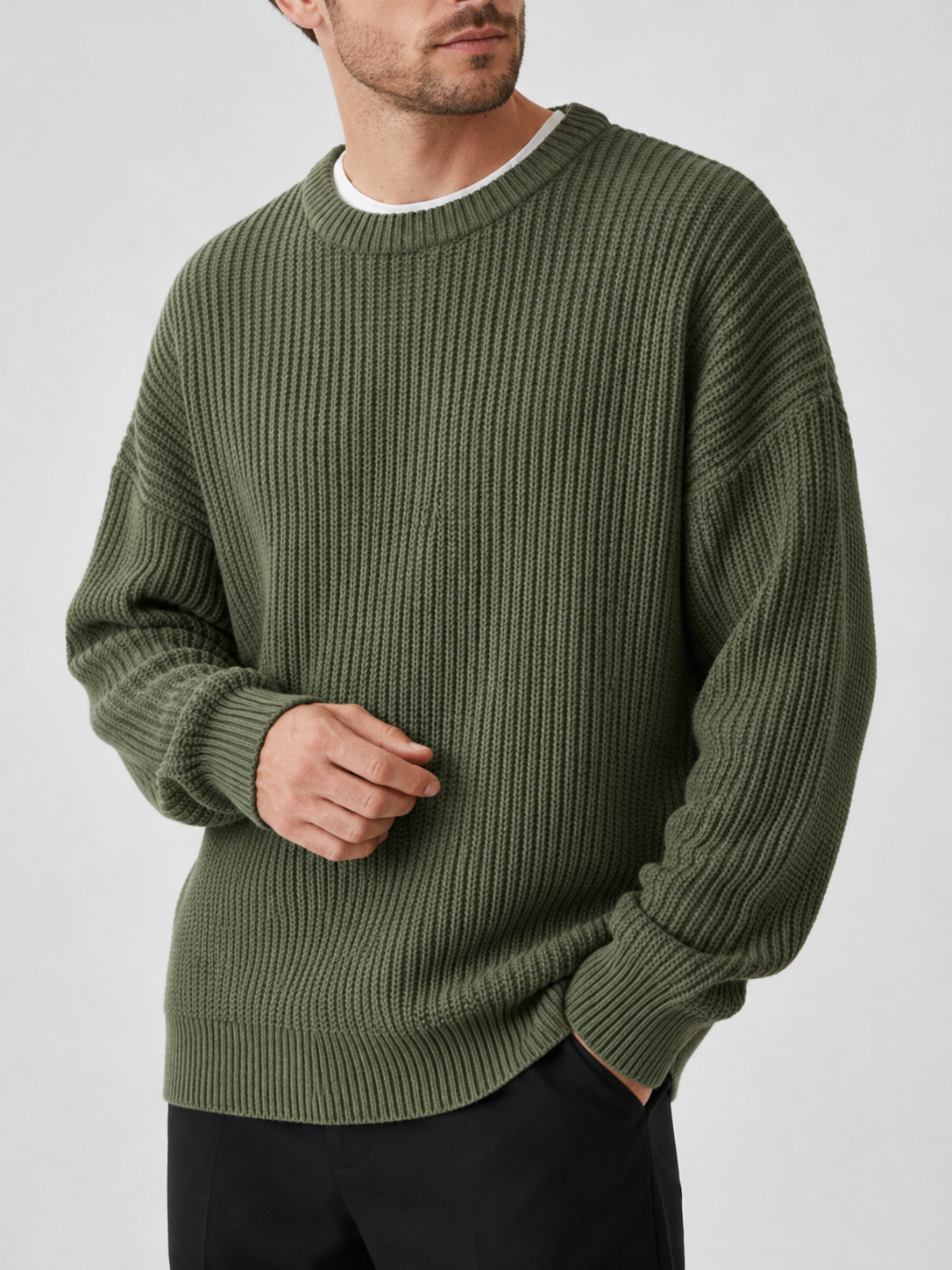 Men's crew neck sweater – Green detail view – Edward & Lawsen