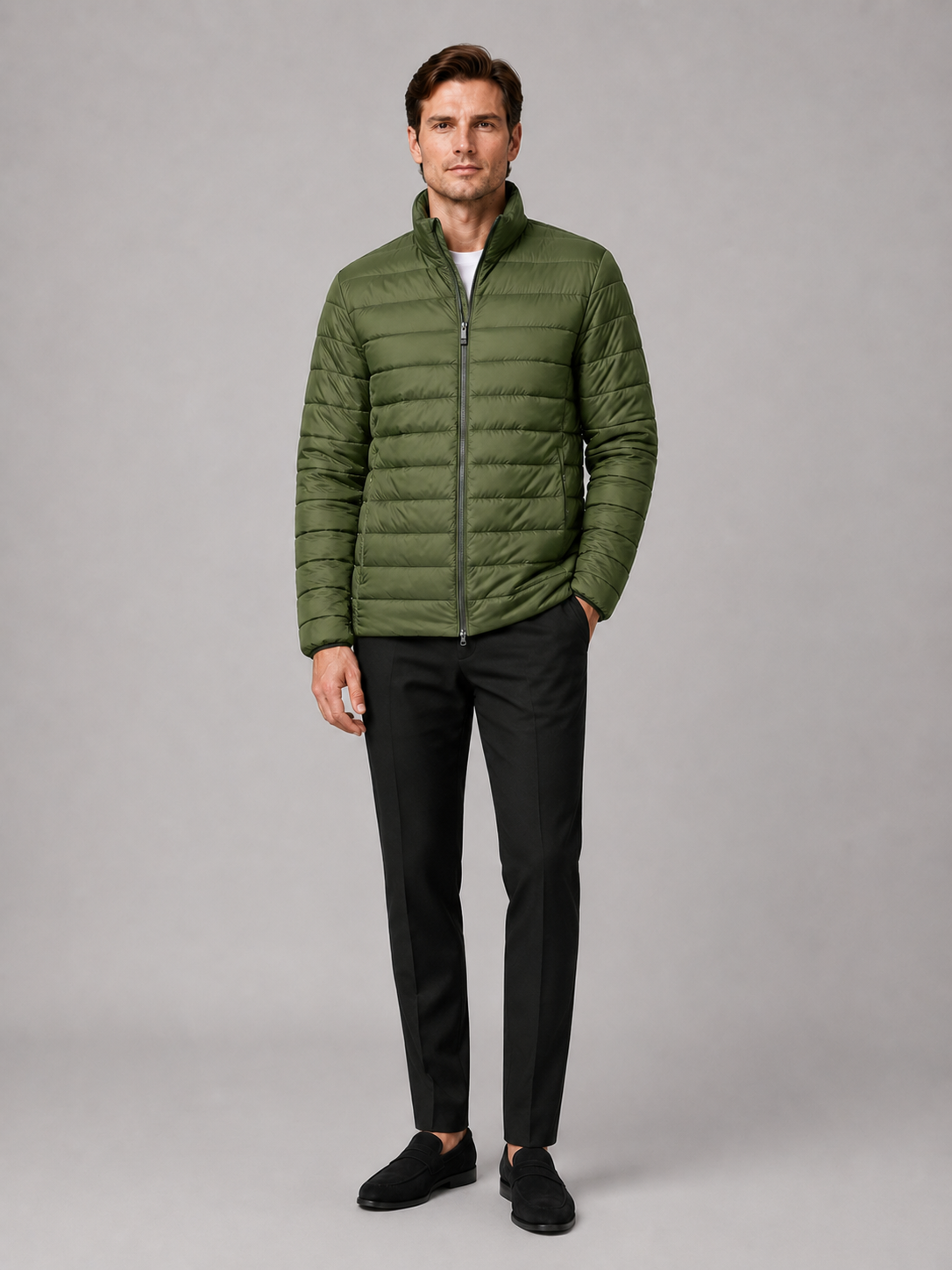 Men's puffer jacket – Green full view – Edward & Lawsen