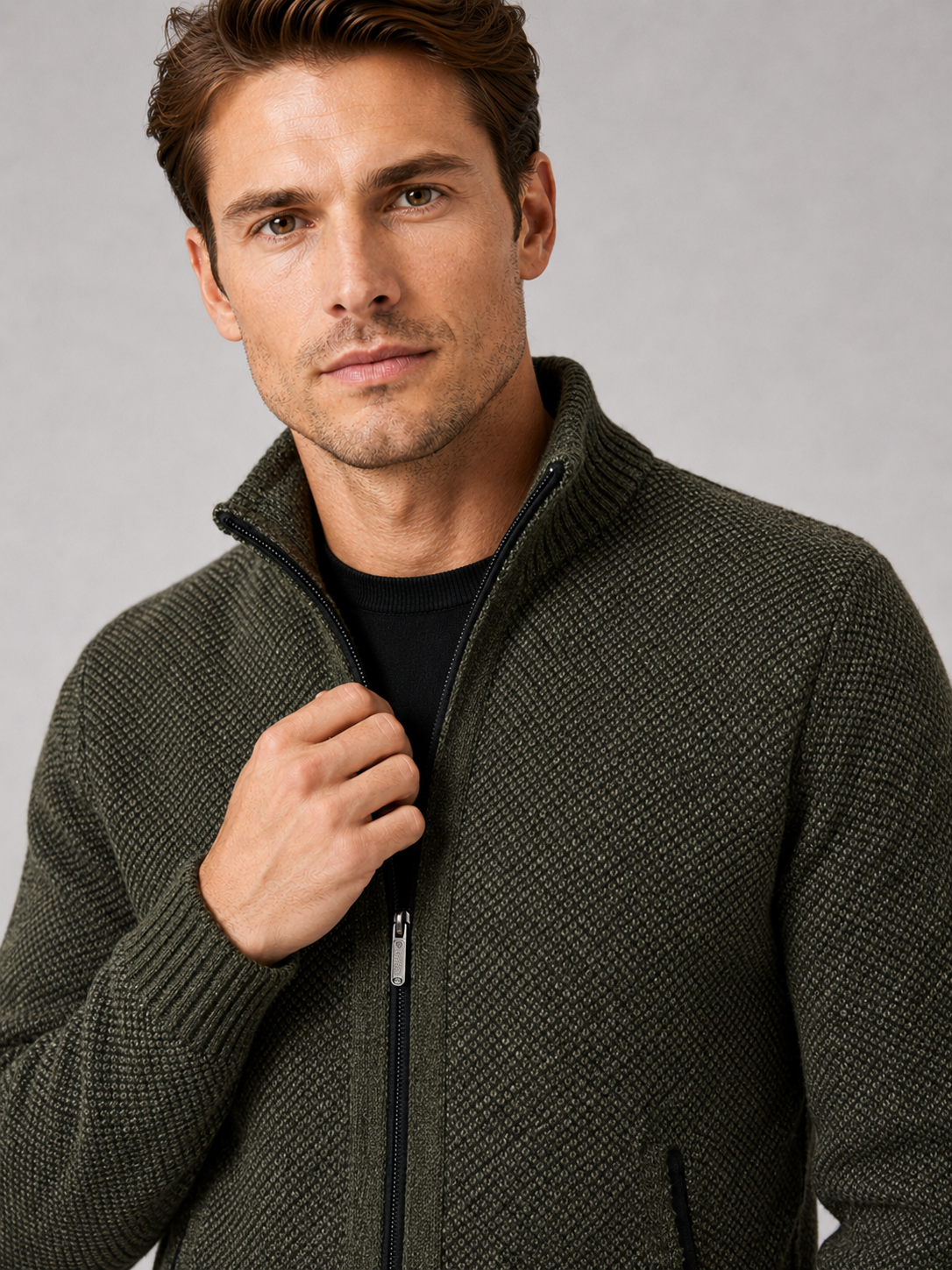 Men's fleece cardigan – Green detail view – Edward & Lawsen