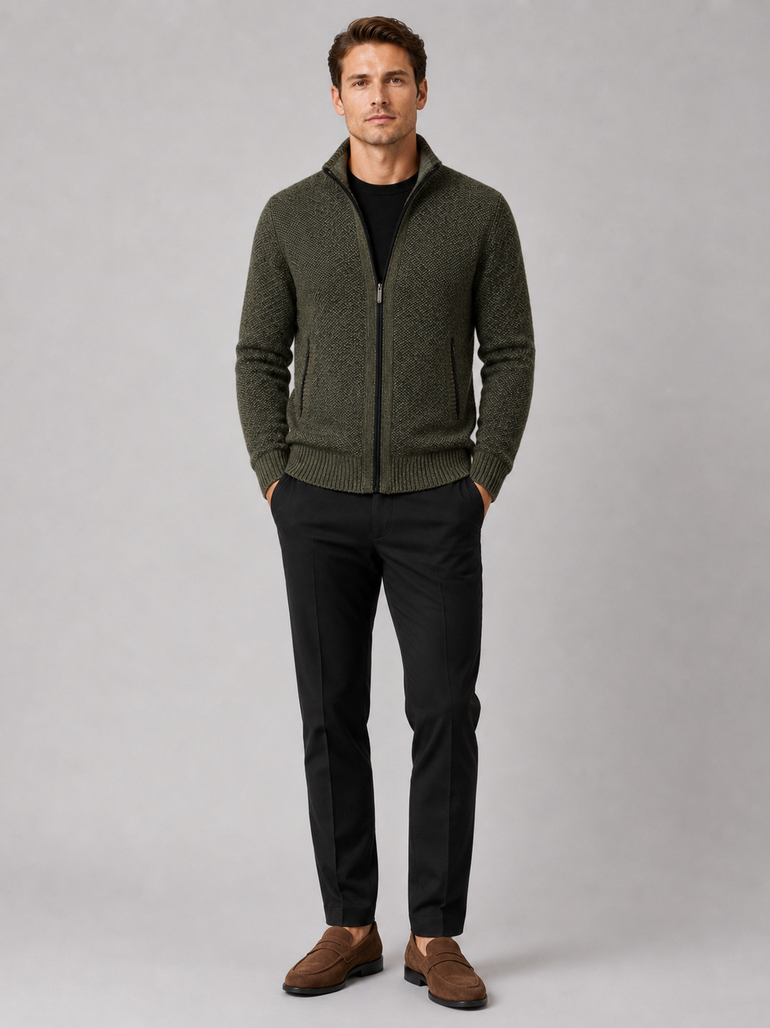 Men's fleece cardigan – Green full view – Edward & Lawsen