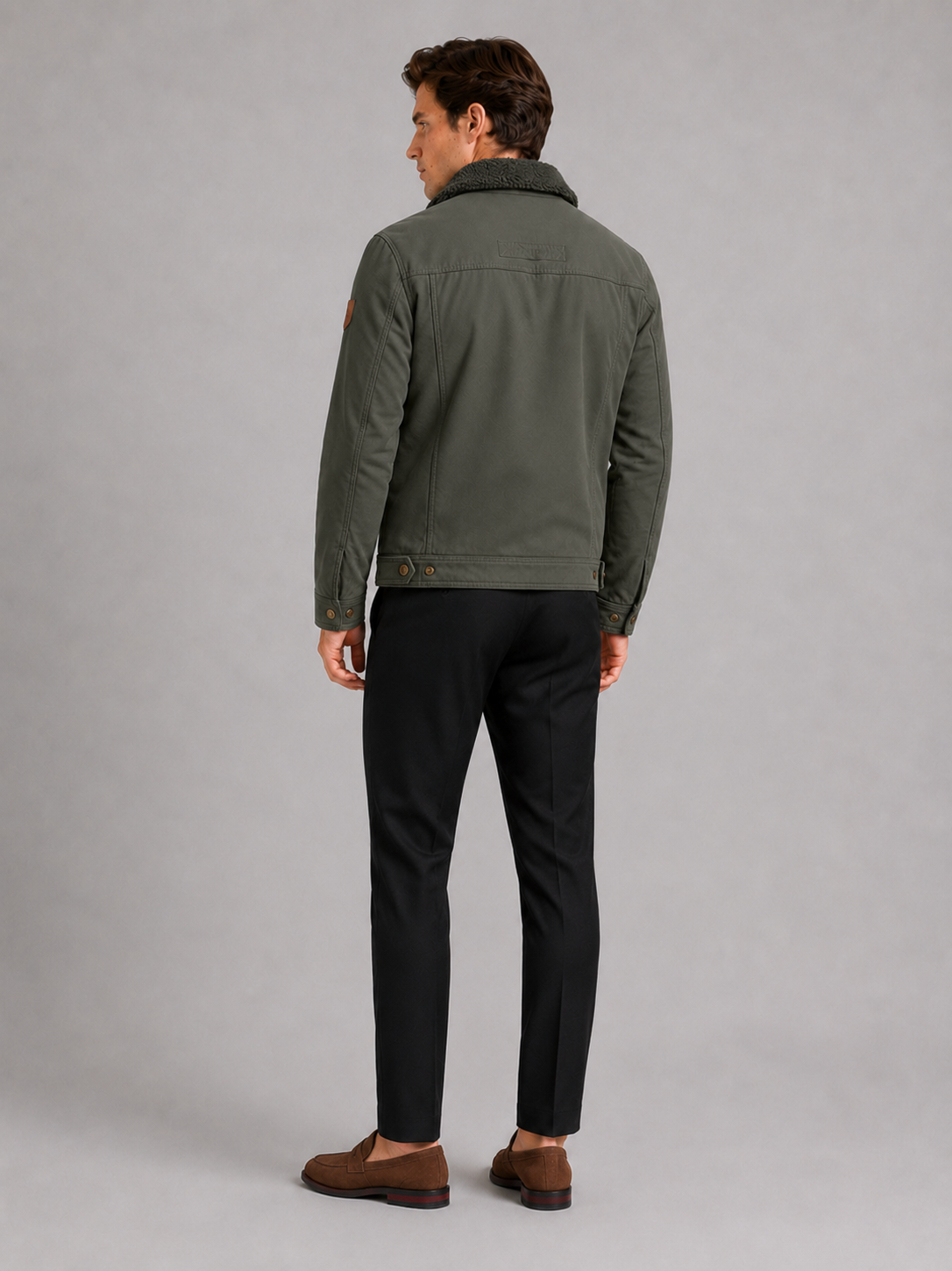 Men's windproof fleece jacket with faux fur-style collar – Green back view – Edward & Lawsen