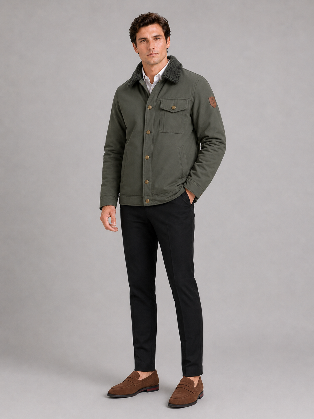 Men's windproof fleece jacket with faux fur-style collar – Green full view – Edward & Lawsen