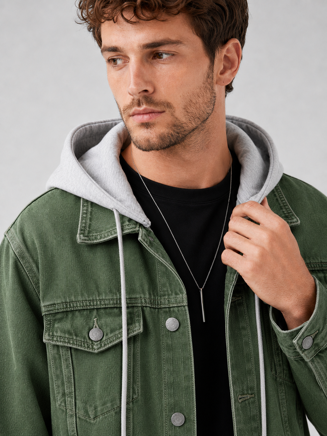 Men's hooded denim jacket – Green detail view – Edward & Lawsen