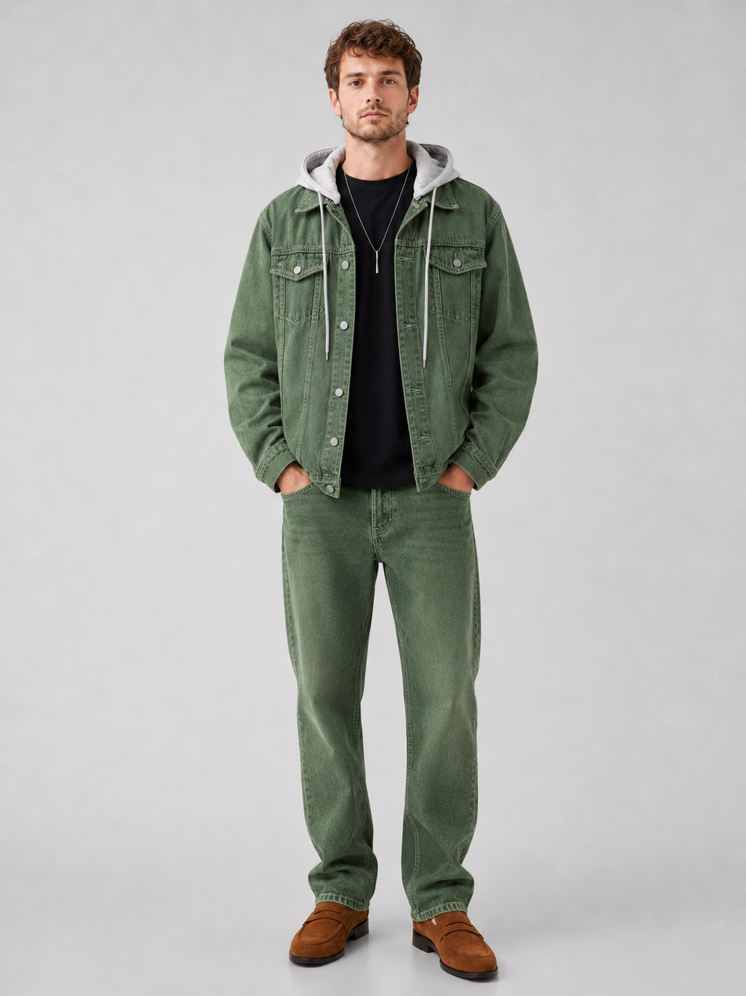 Men's hooded denim jacket – Green full view – Edward & Lawsen
