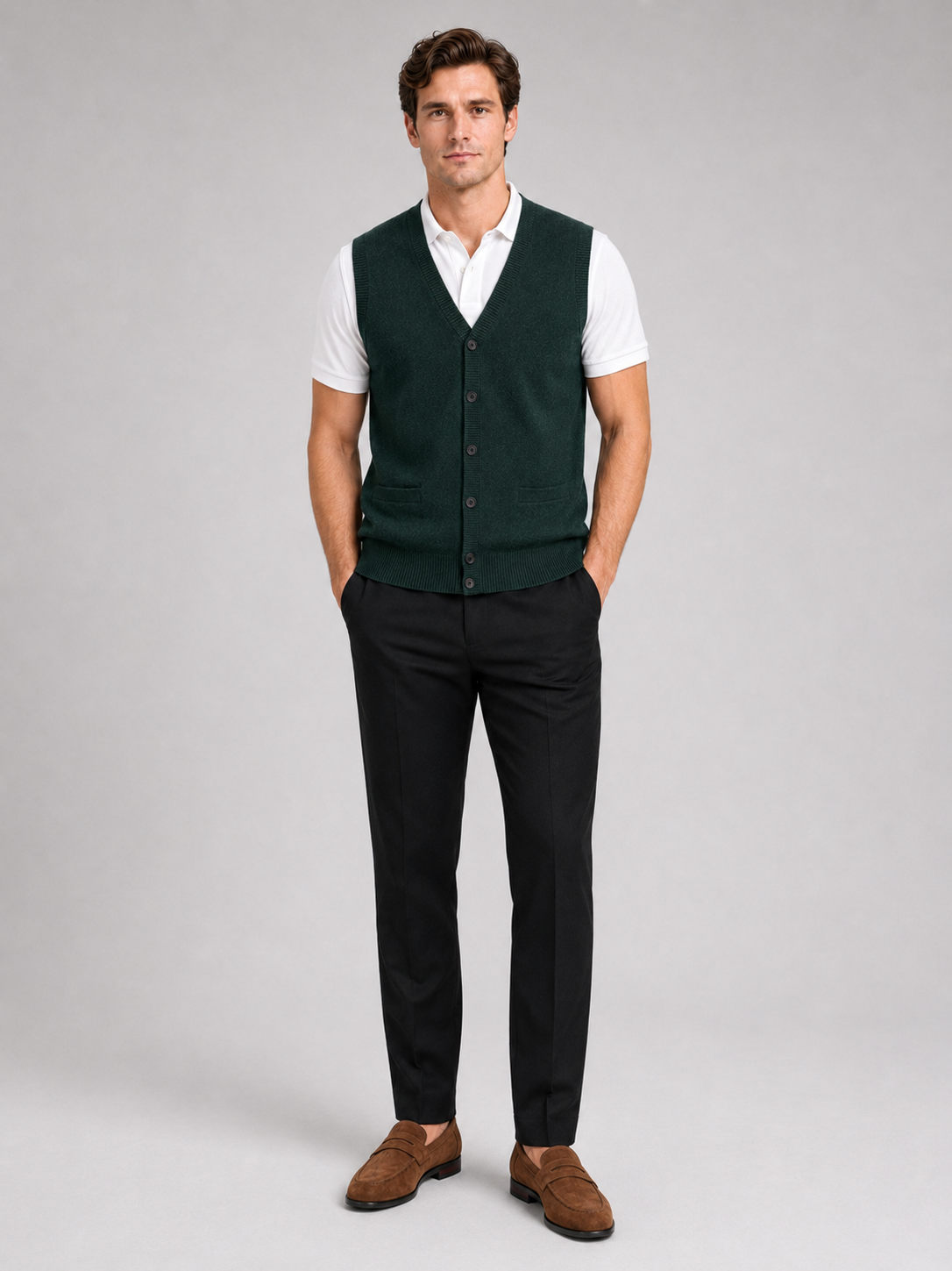 Men's knit sweater vest – Green full view – Edward & Lawsen